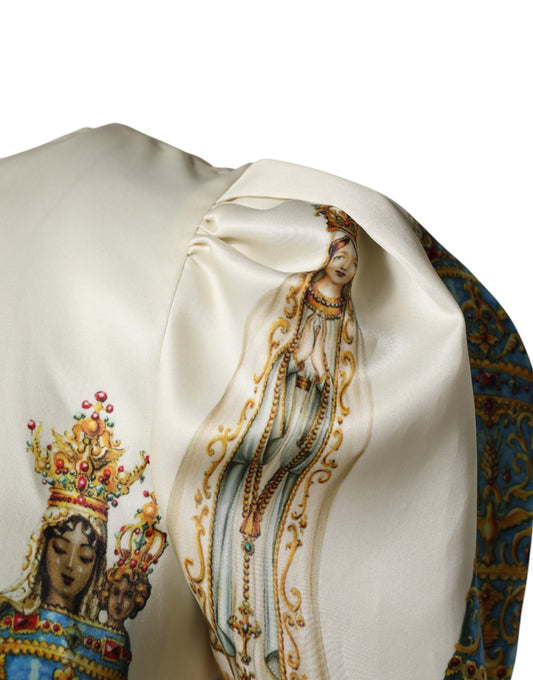 Scarf with religious artwork featuring a woman in a crown and a child