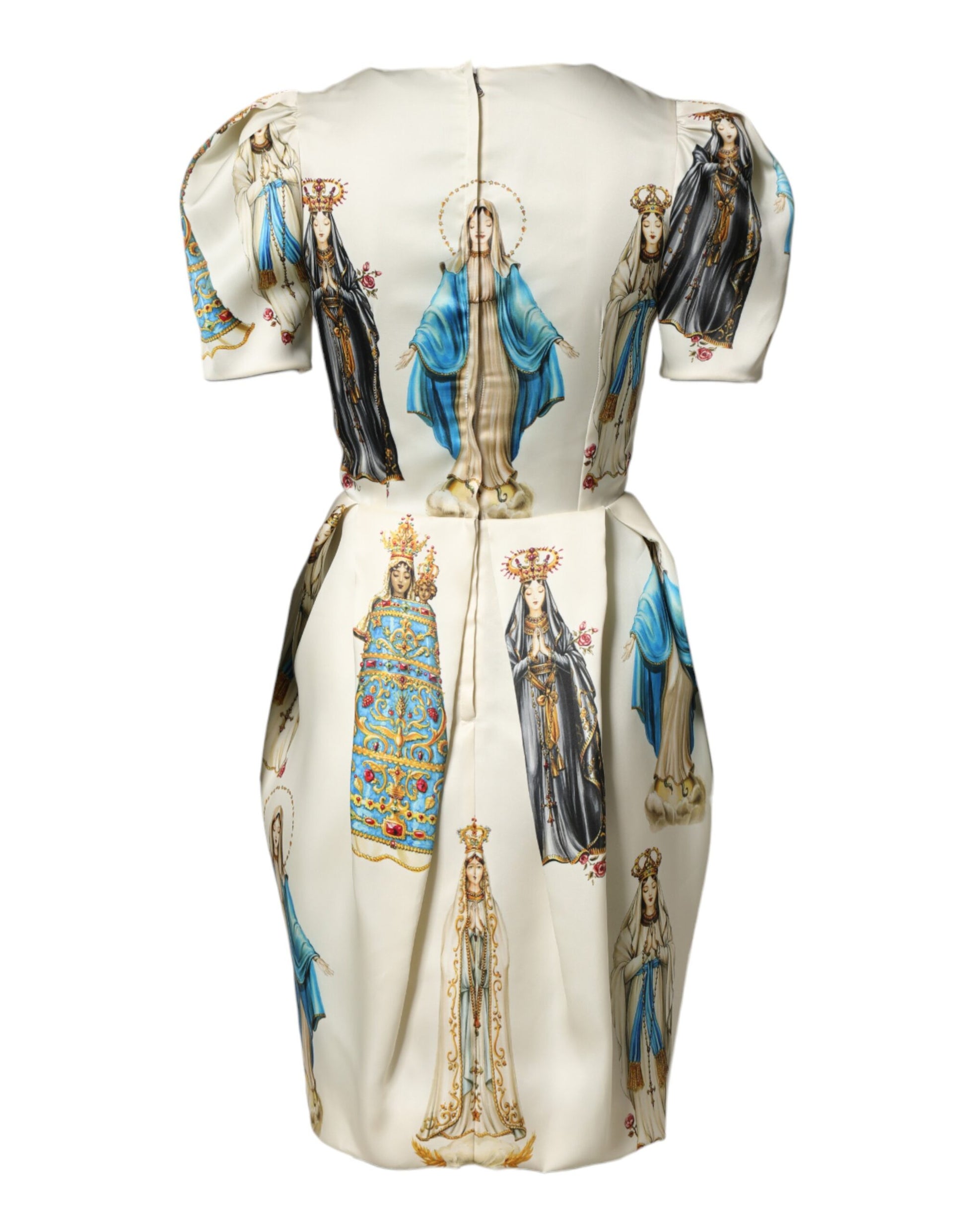 Dress with religious artwork featuring Mary and baby Jesus