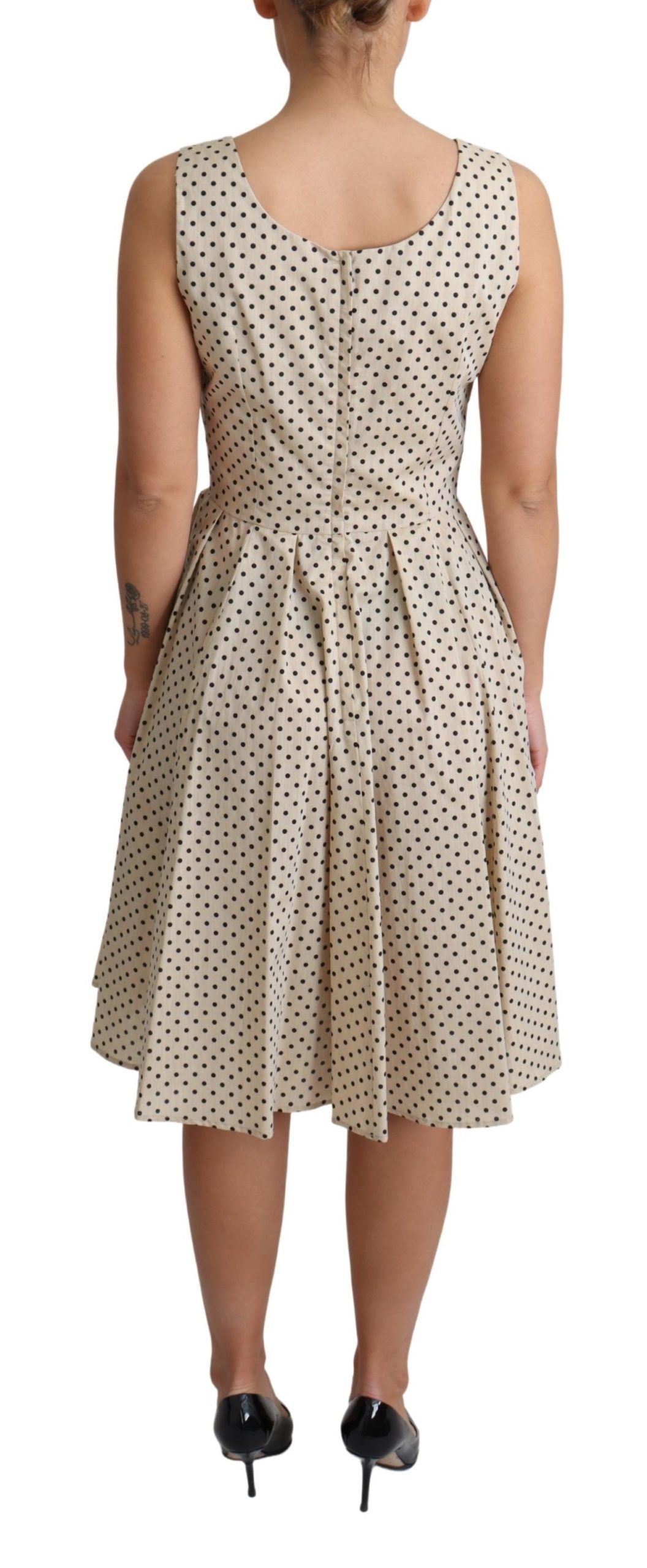 A beige polka dot dress with an A-line skirt. It is made of cotton and features a back zipper closure