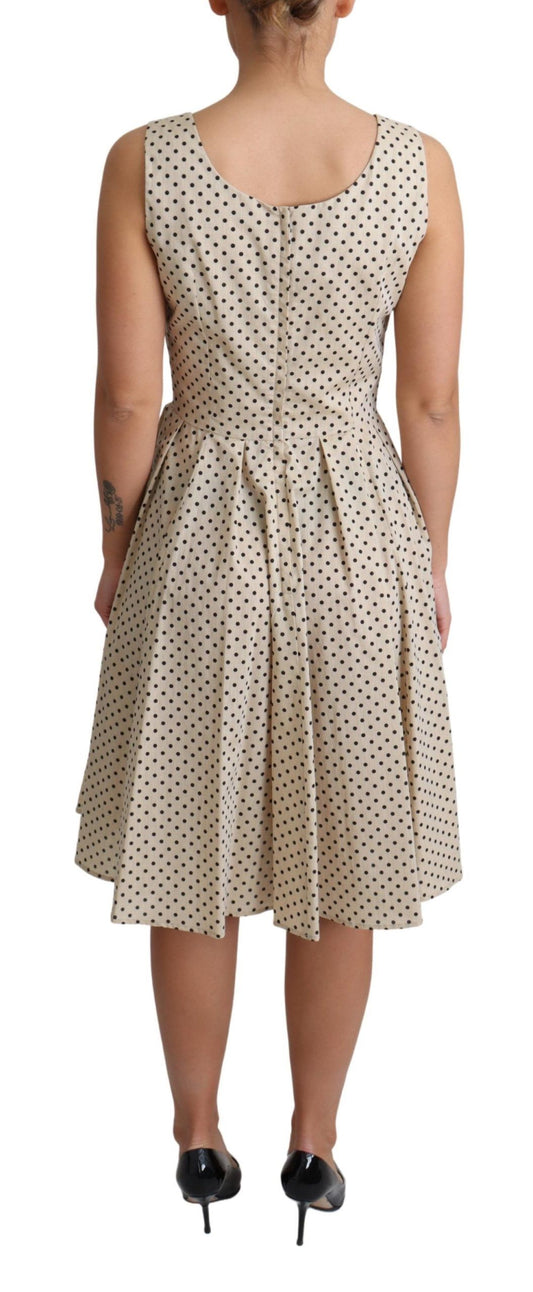 A beige polka dot dress with an A-line skirt. It is made of cotton and features a back zipper closure