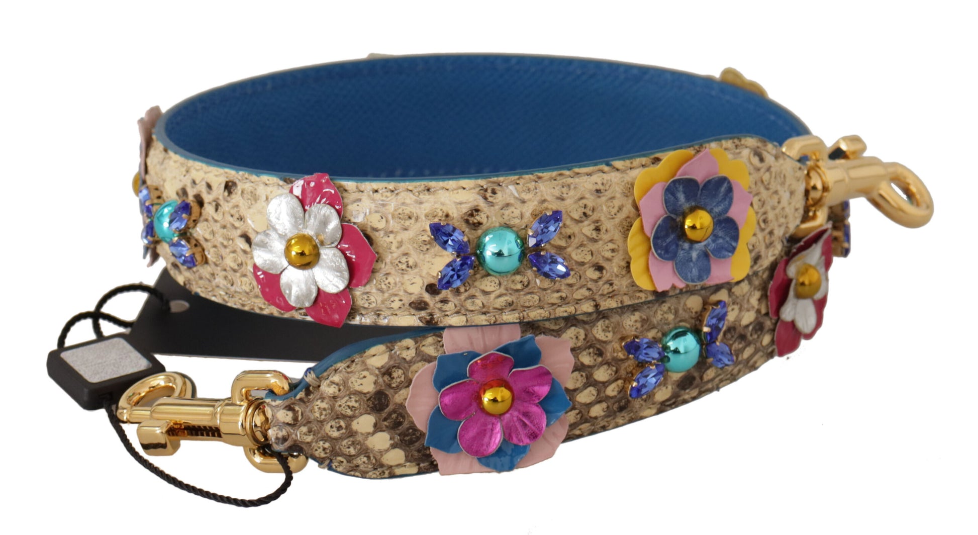 Decorative collar for dogs with blue trim, floral embroidery, sequins, and rhinestones