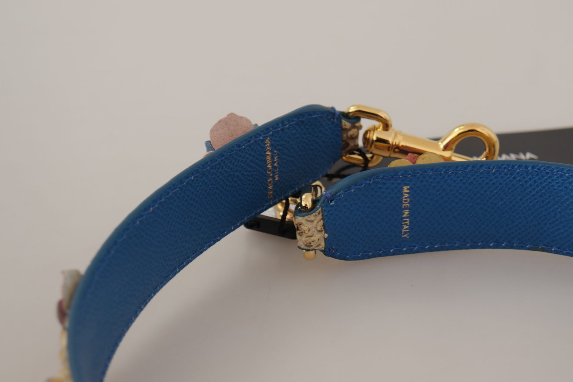 Blue leather dog collar with gold buckle