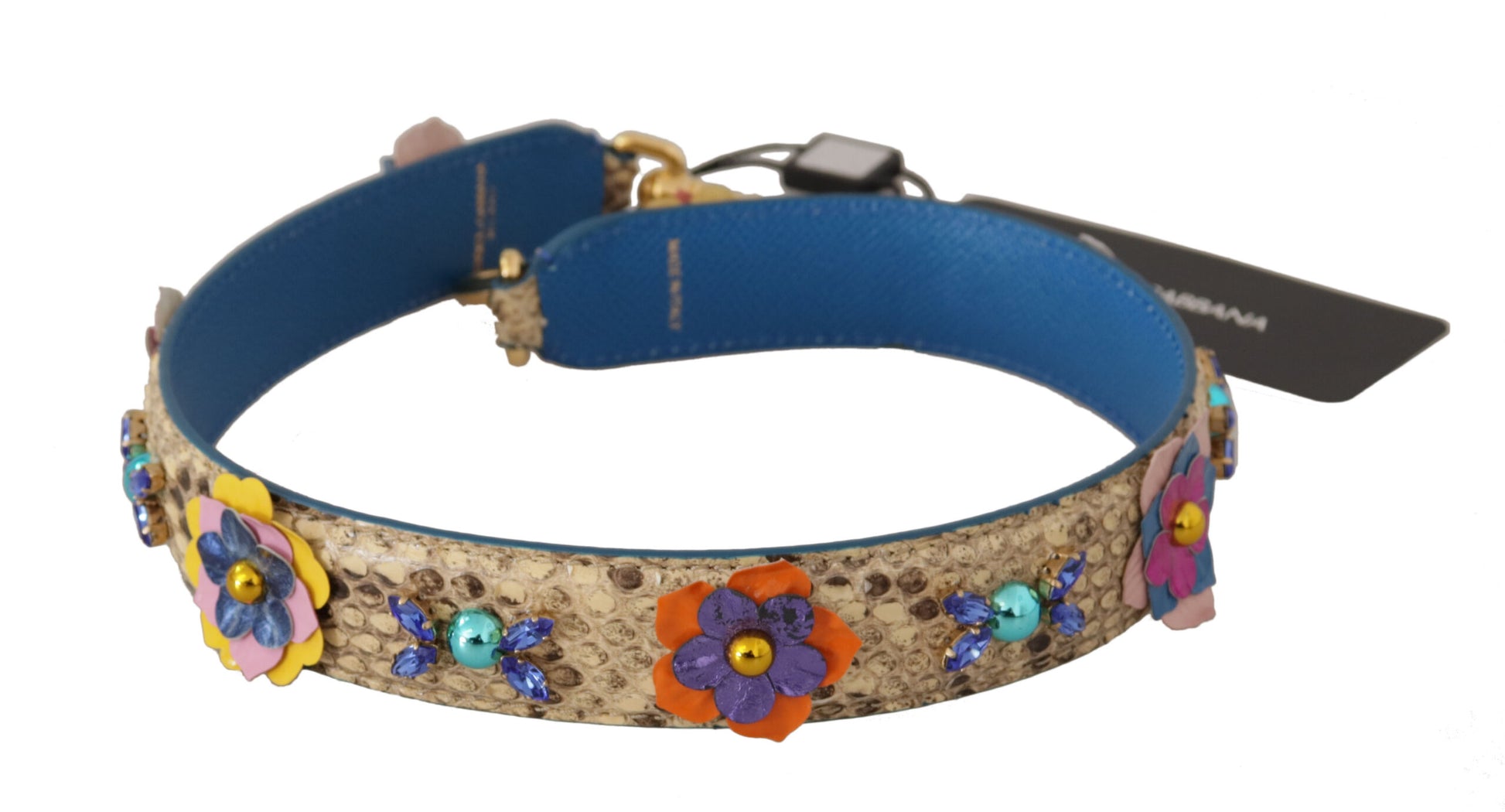 Blue collar with floral embroidery on a dog's neck