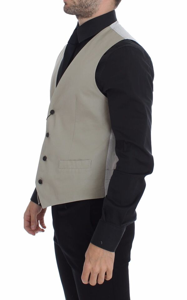 A beige silk blend vest with black lapels