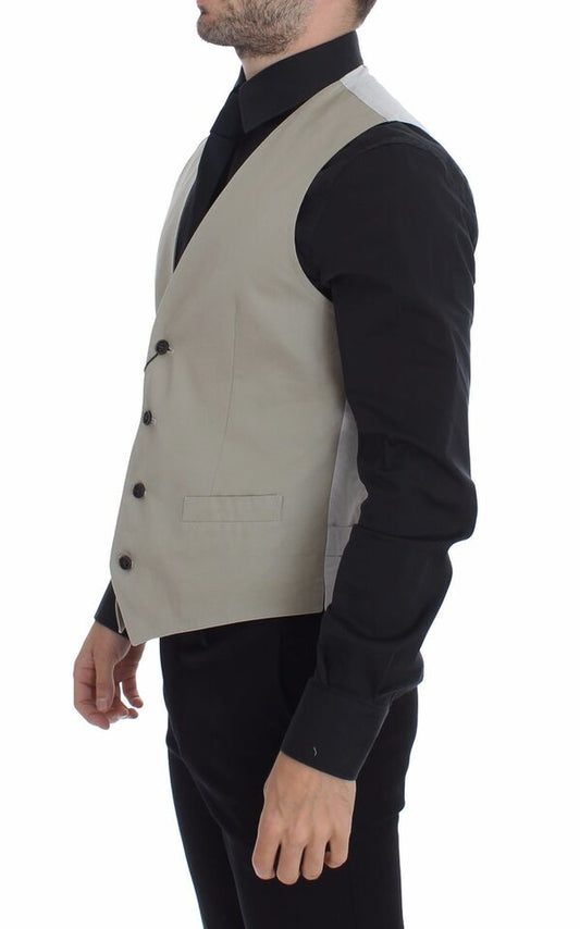 A beige silk blend vest with black lapels