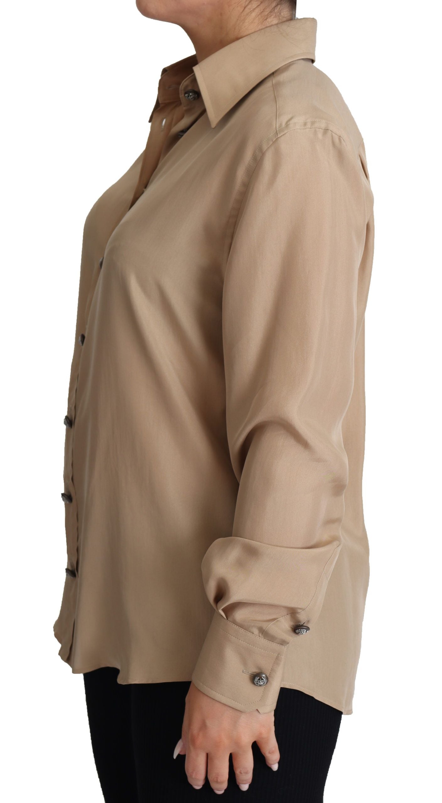 Tan long sleeve shirt on a woman