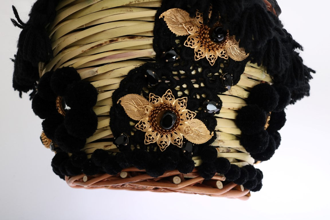 Handmade wicker basket with embroidery and beads