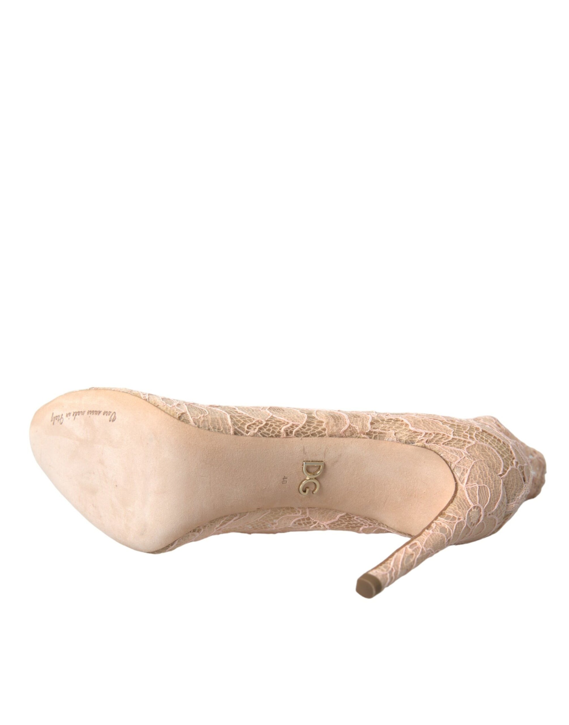 Tan high heel shoe with embroidered design and gold buckle