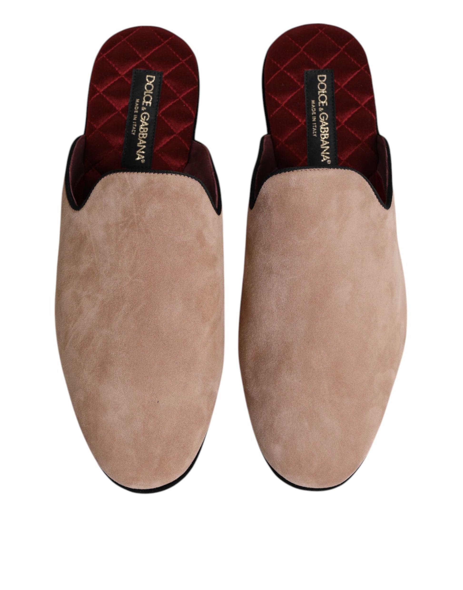 Pair of brown velvet loafers with red trim