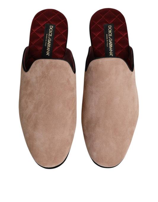 Pair of brown velvet loafers with red trim