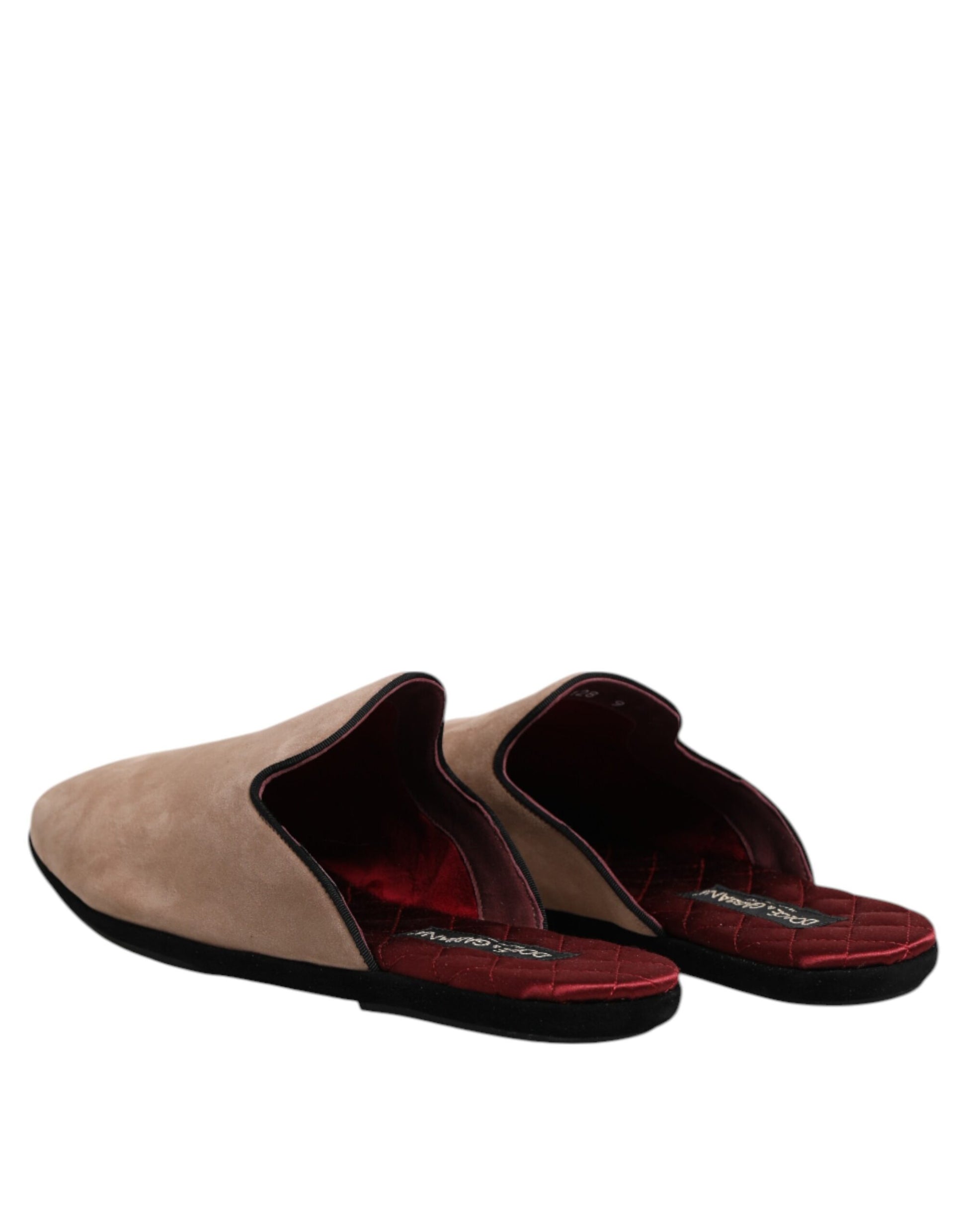 Pair of brown velvet slippers with red trim