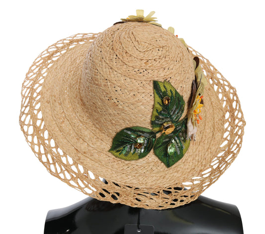 Straw hat with decorative leaves on front