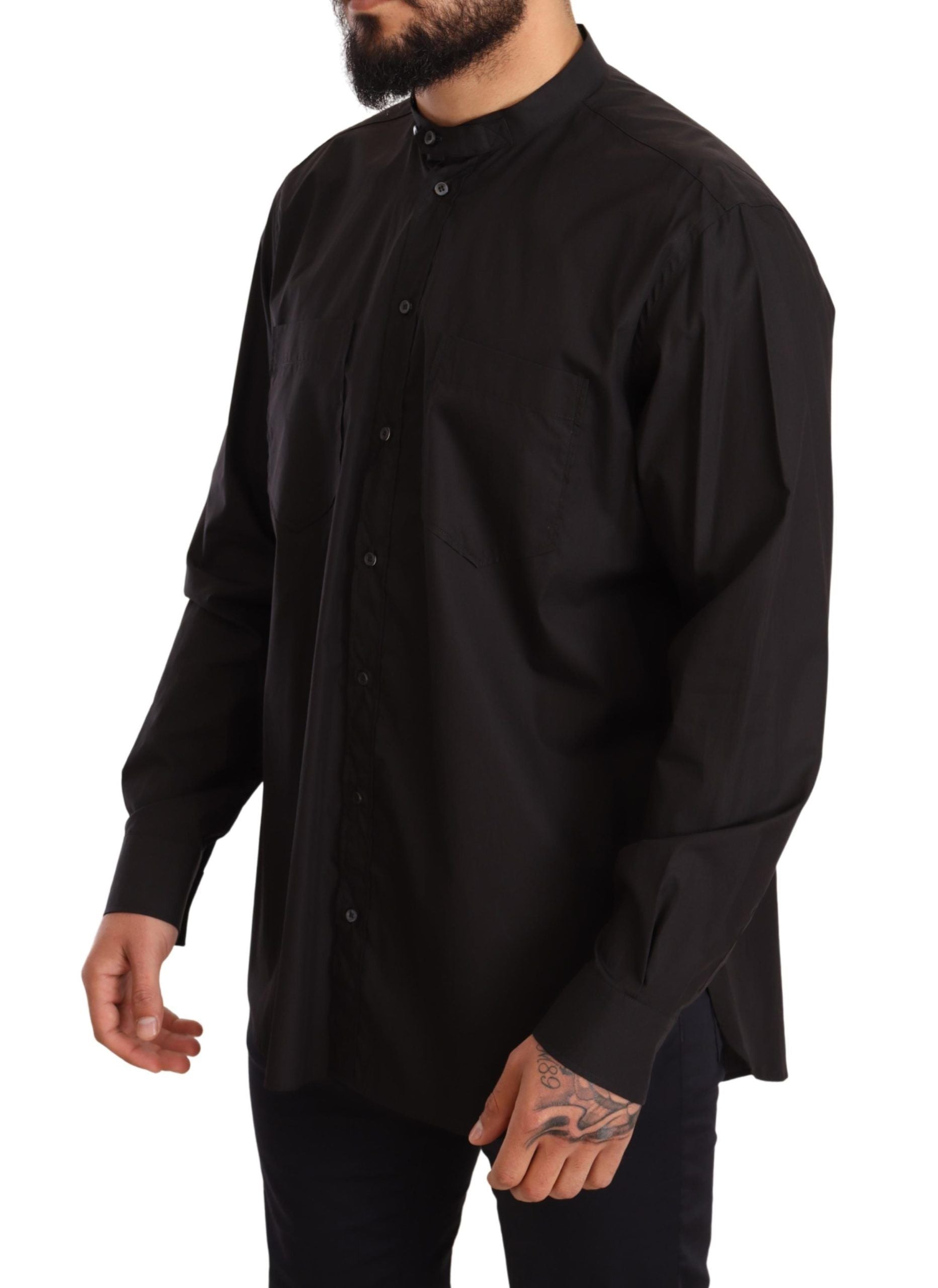 A black formal dress shirt with long sleeves and a collar, made of 100% cotton