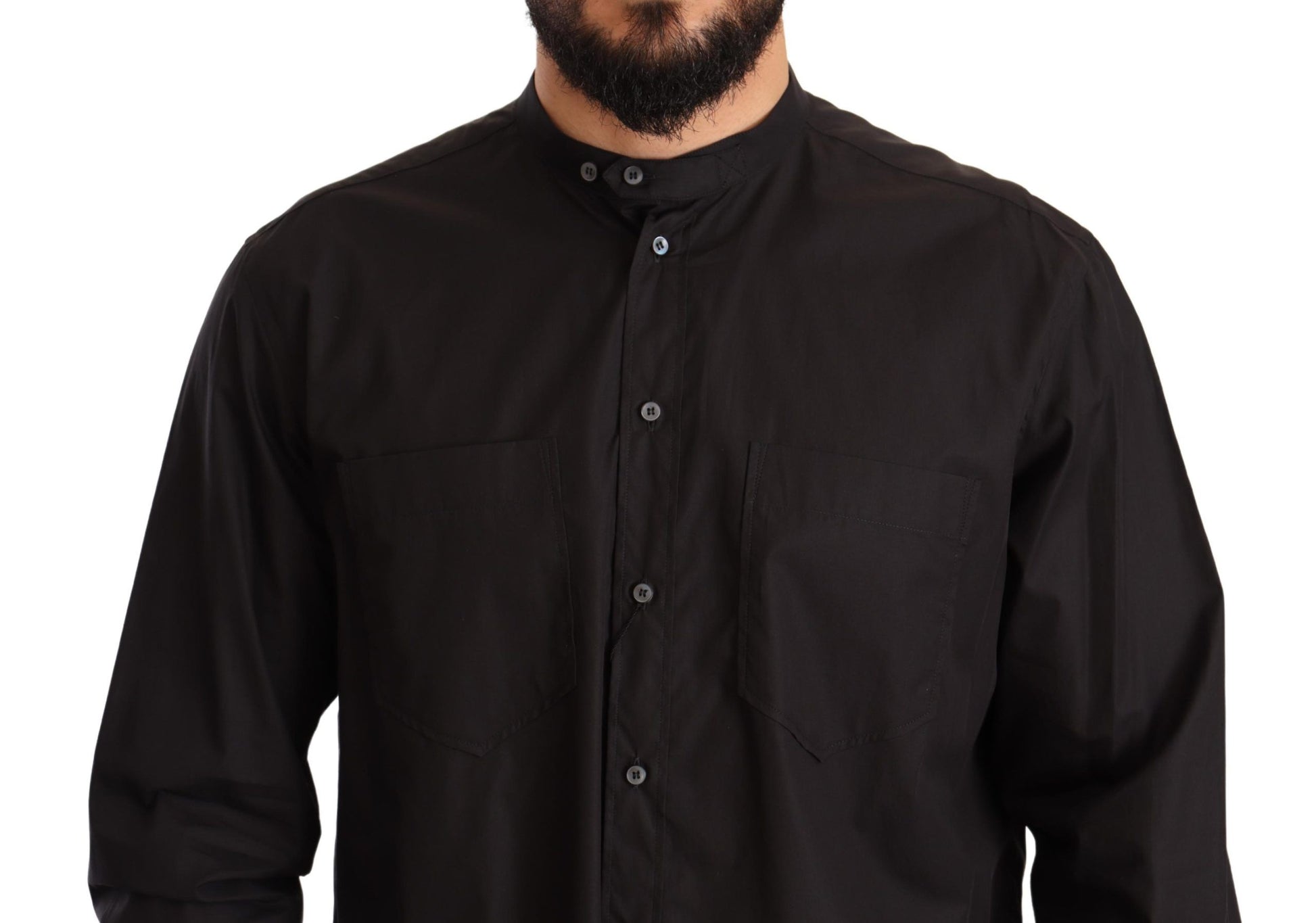 A black formal dress shirt with buttons and a collar, made of cotton