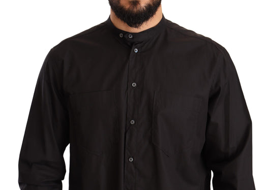 A black formal dress shirt with buttons and a collar, made of cotton