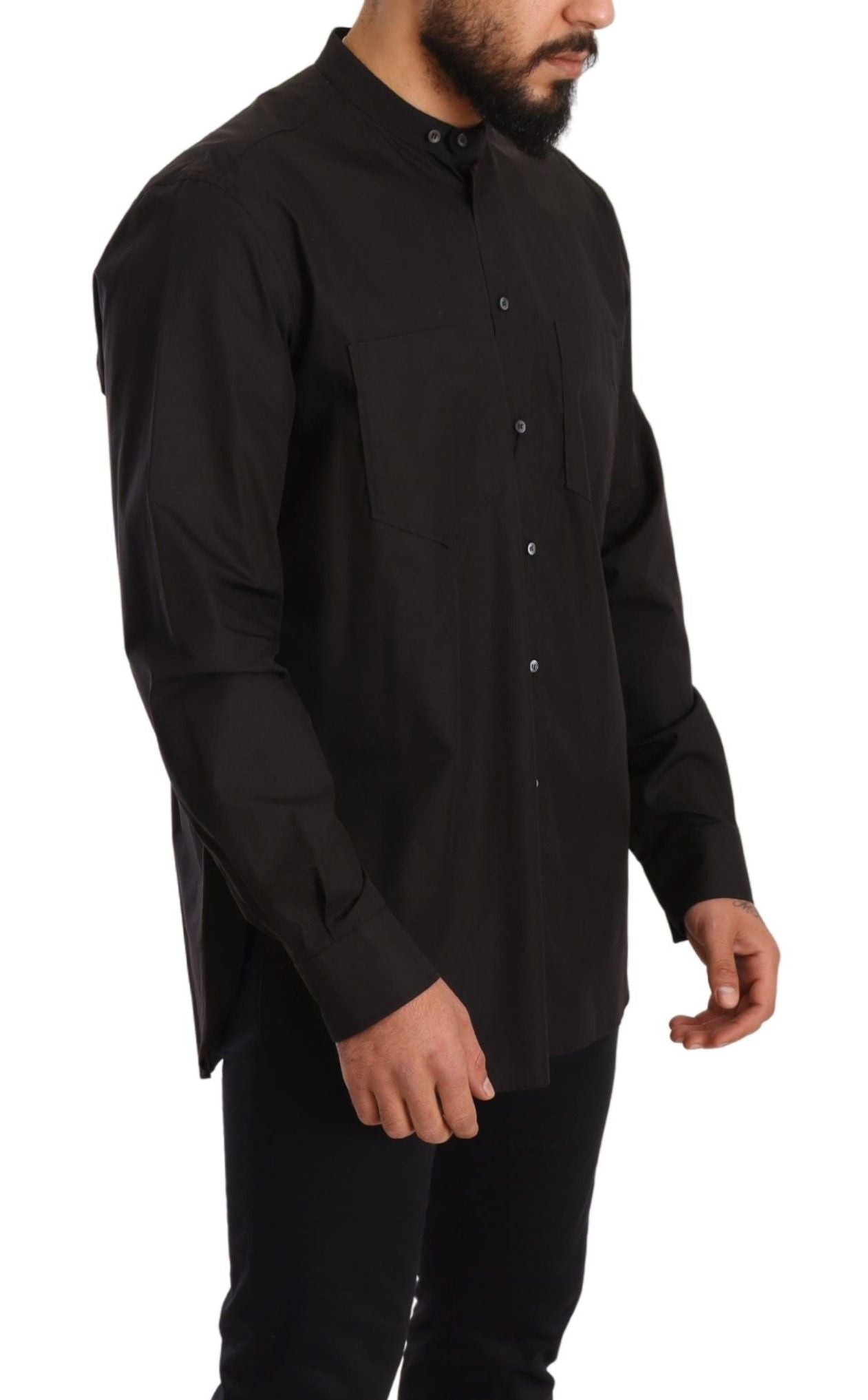 A black formal dress top shirt with long sleeves and a button-up front. It is made of 100% cotton and feature