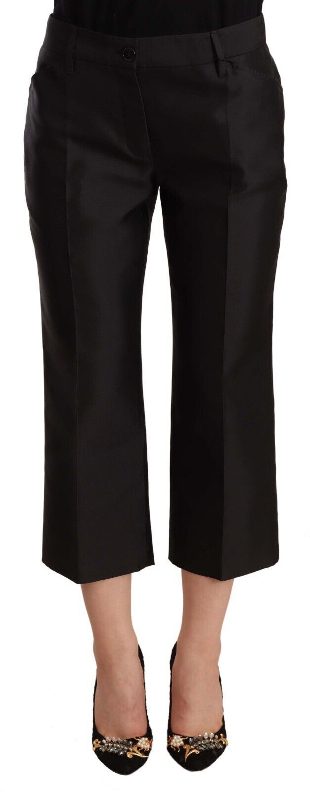 Pair of black trousers with a high waist and flared legs