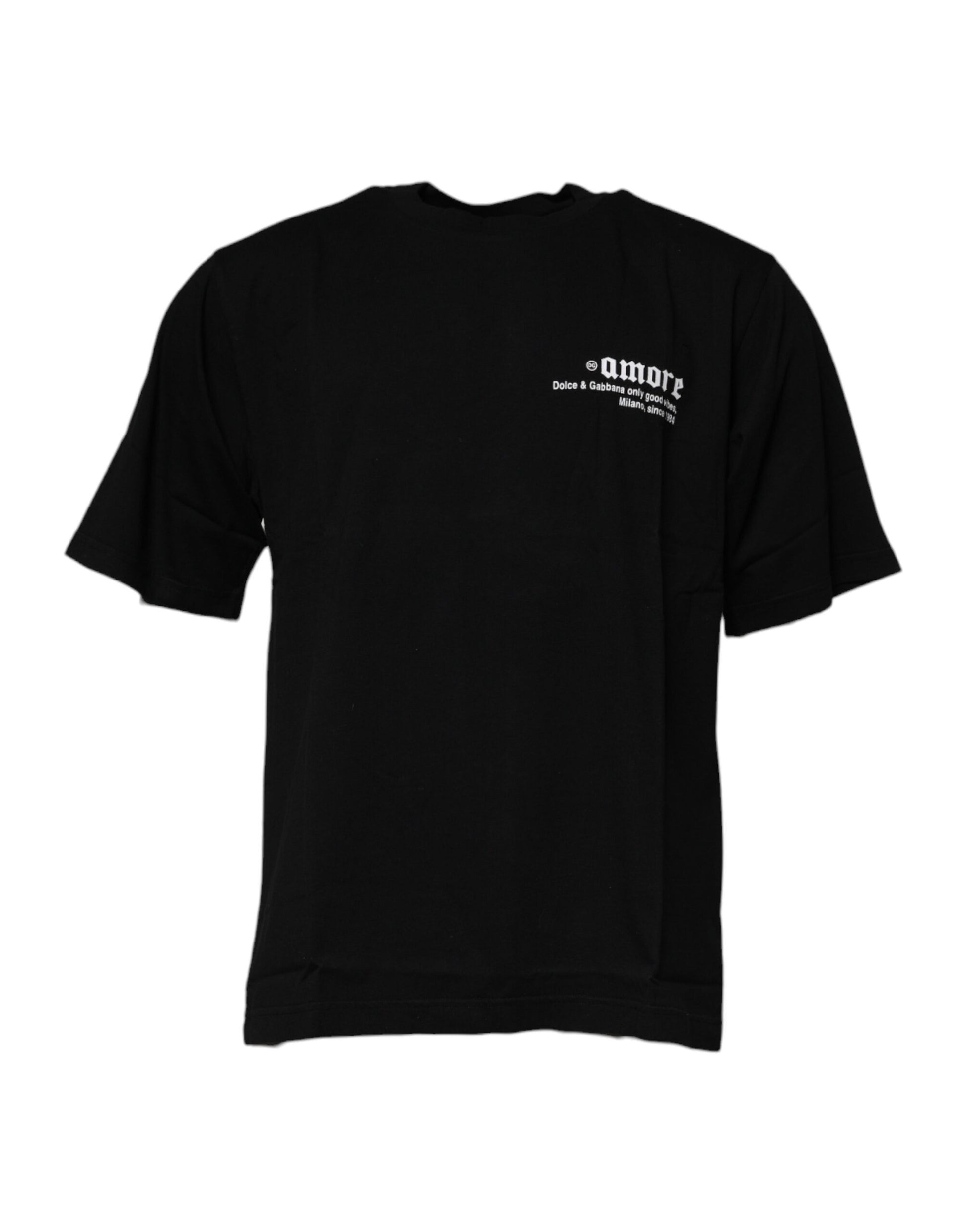 Black t-shirt with white print on front