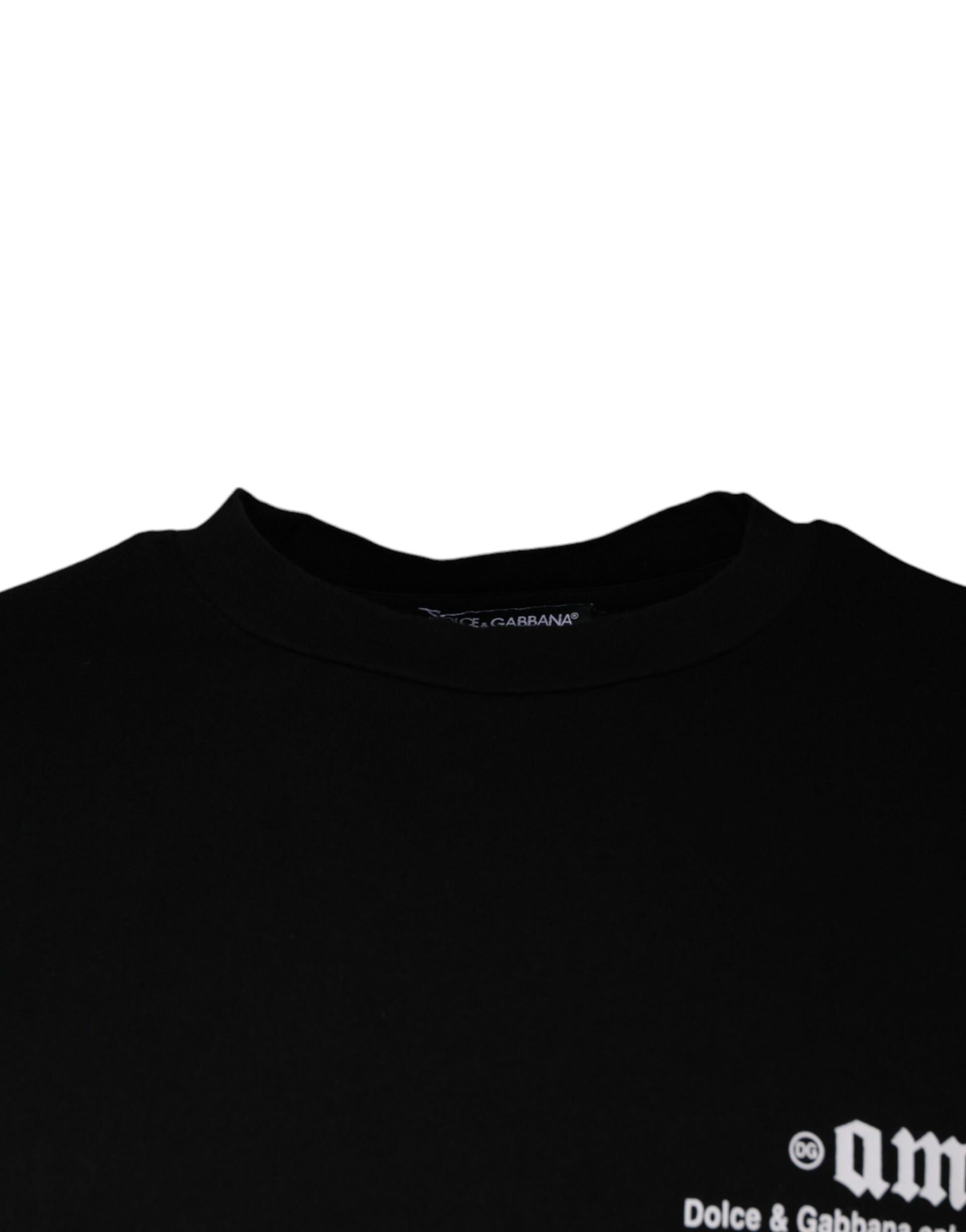 Black t-shirt with white print on front