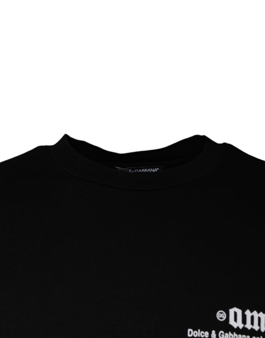 Black t-shirt with white print on front