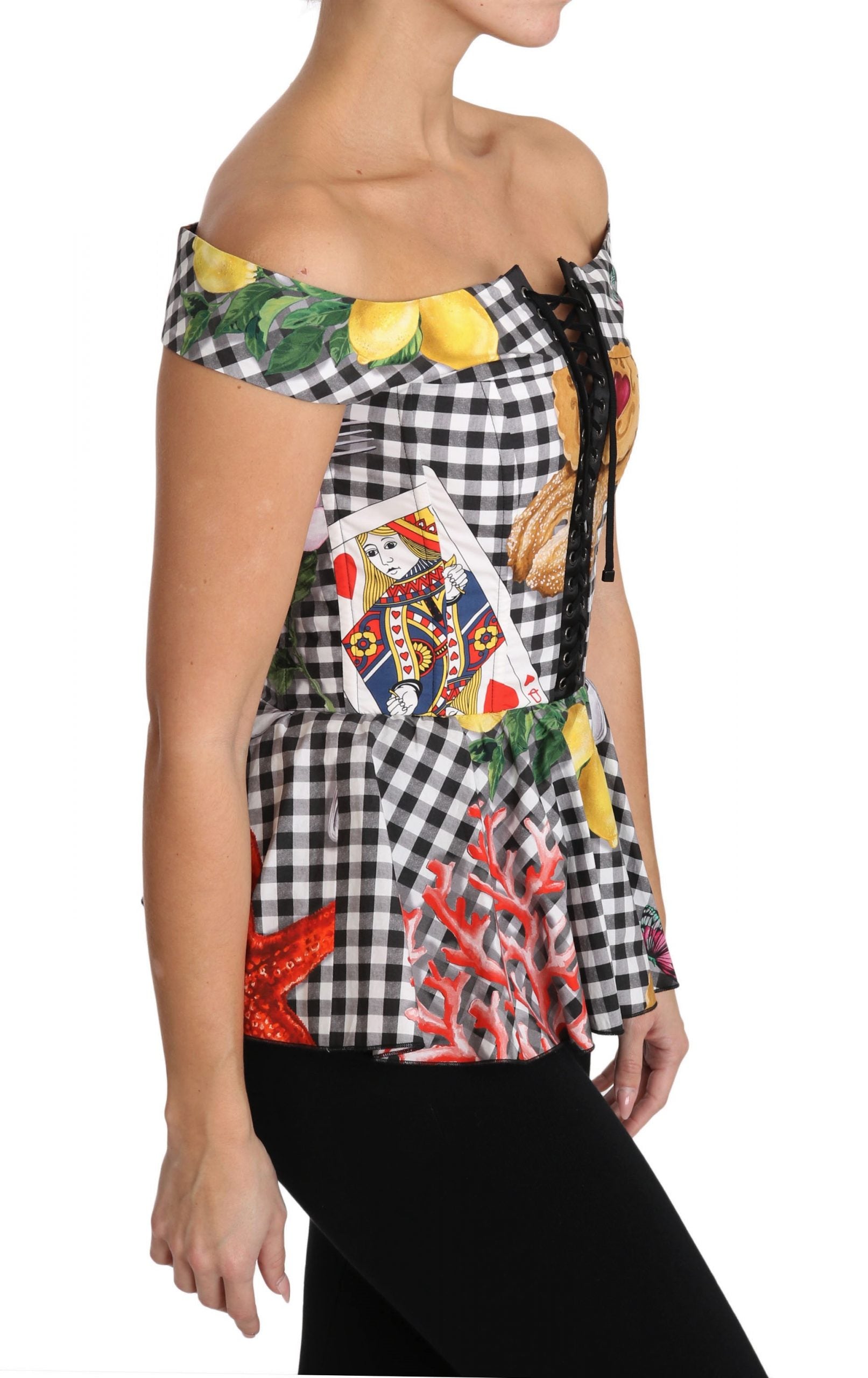 Woman wearing a colorful blouse with floral pattern
