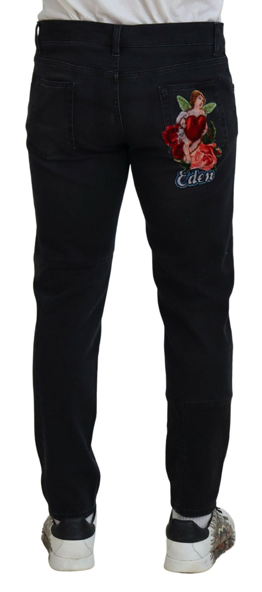 Black jeans with floral embroidery on thigh