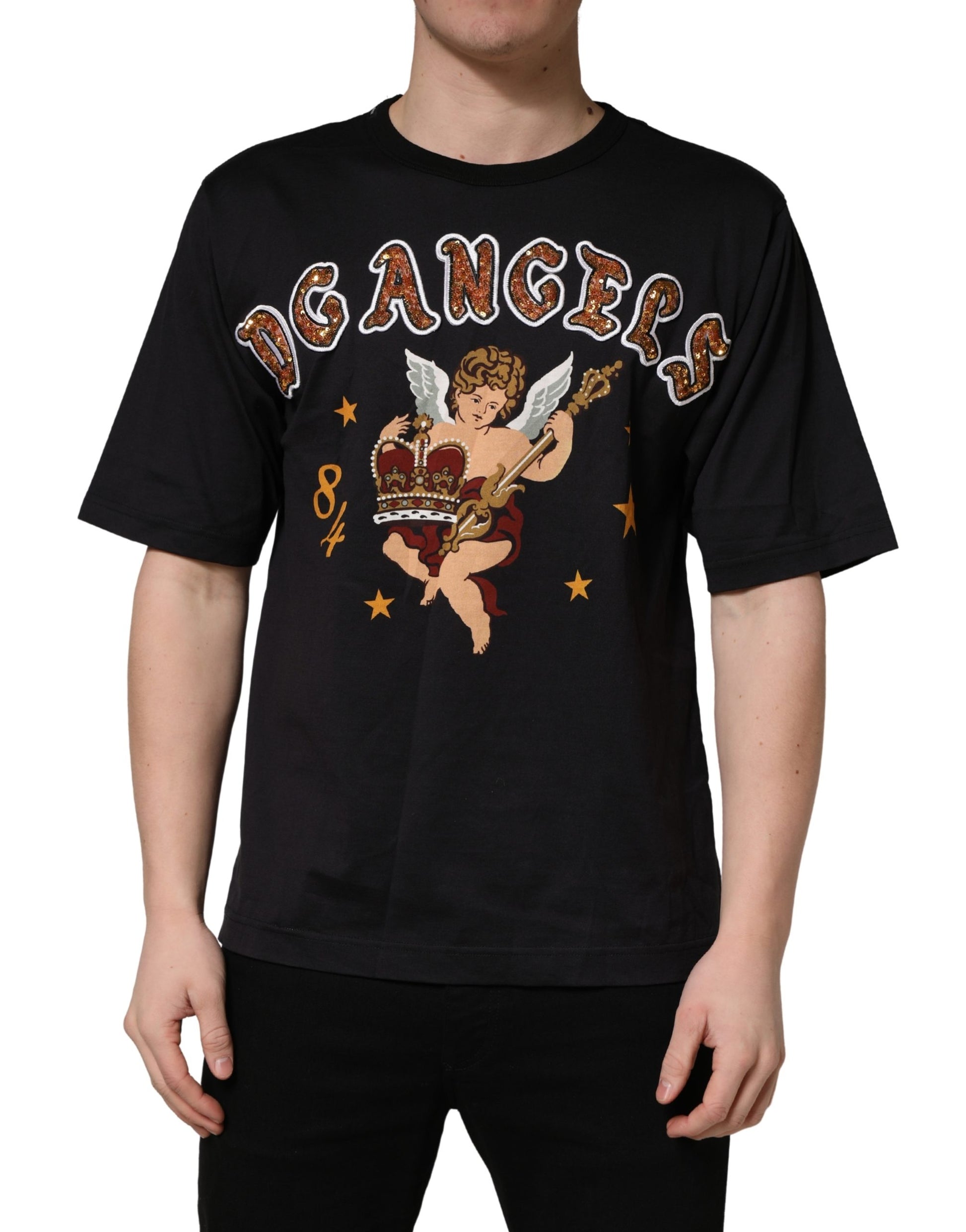 A black t-shirt with an angel print on the front