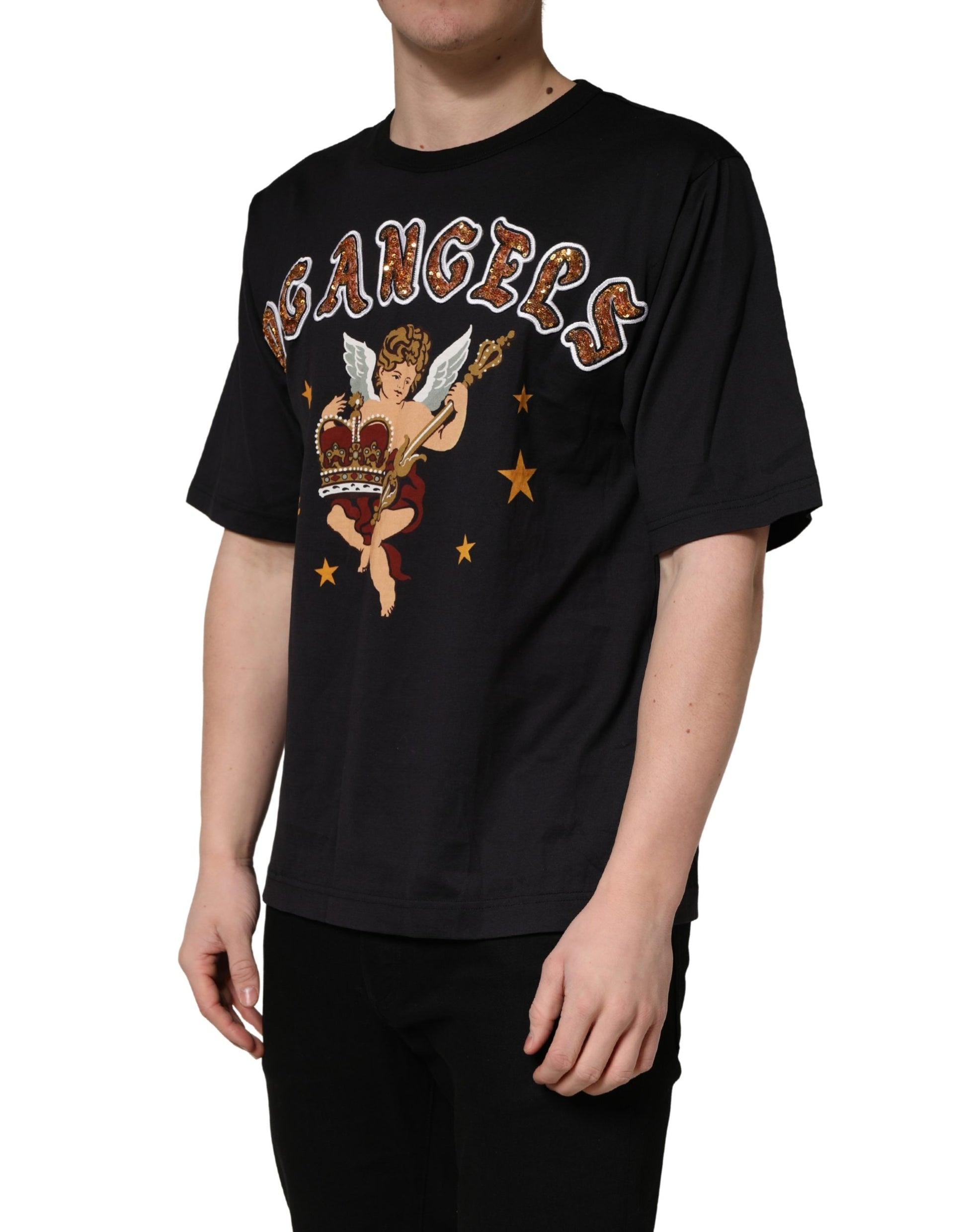A black crew neck t-shirt with an angel print and text reading "Dolce & Gabbana"
