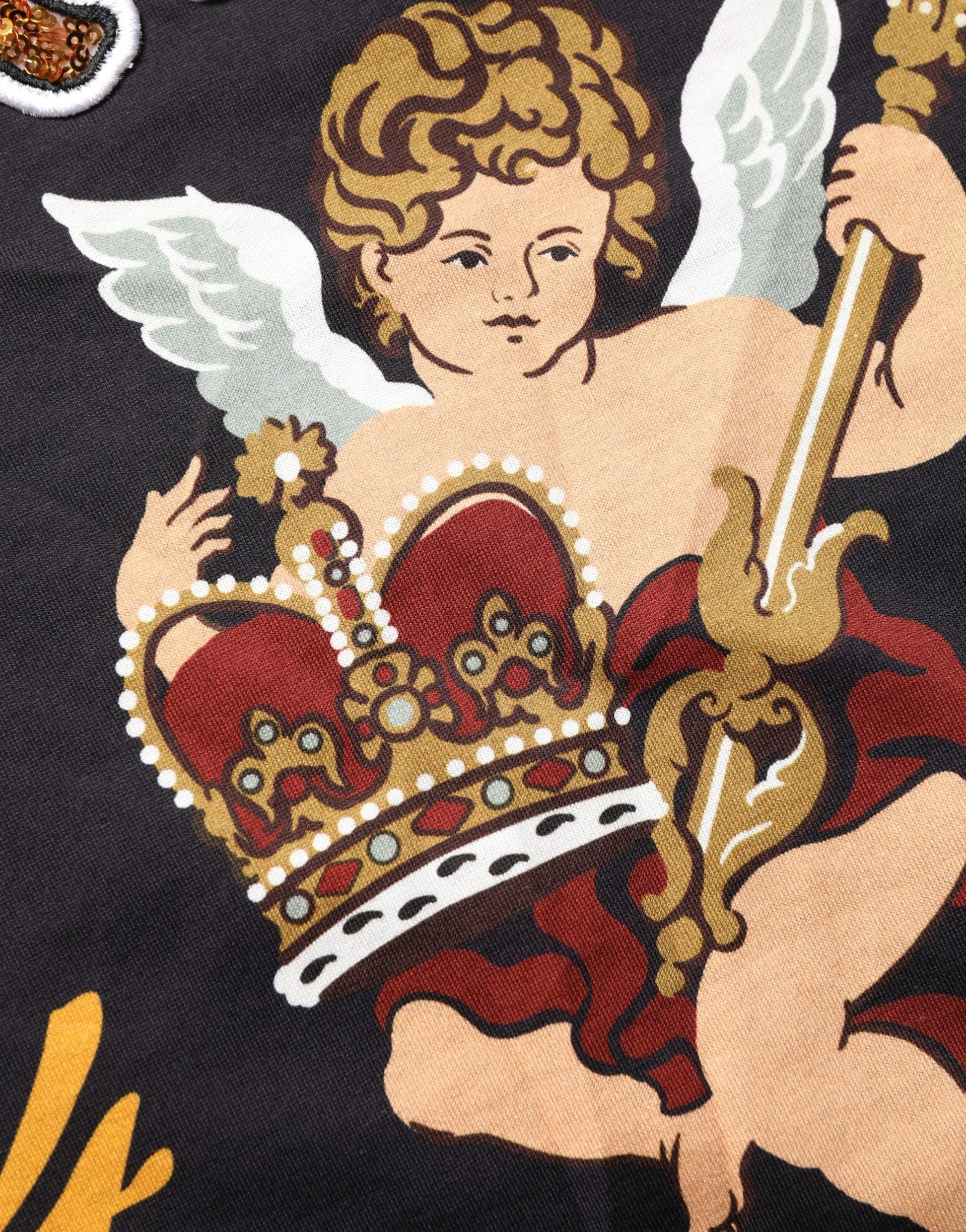 A black angel print cotton crew neck t-shirt with a detailed embroidered design