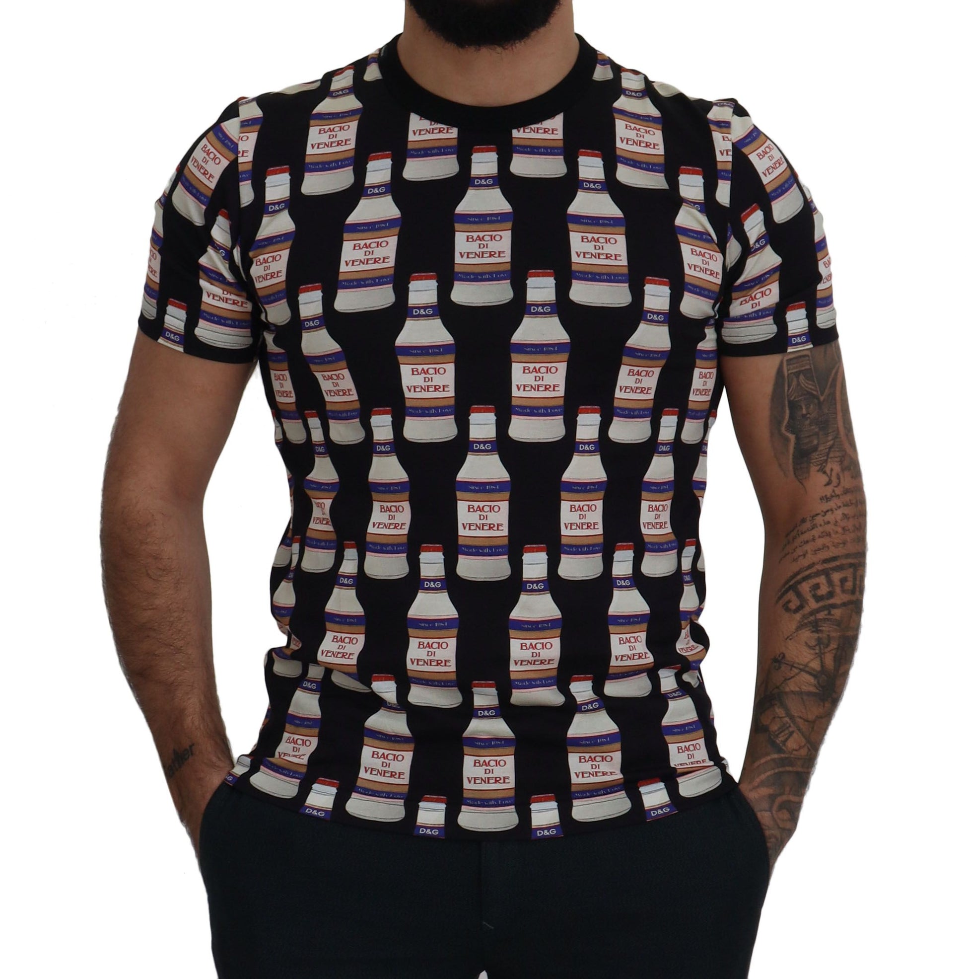 Man wearing a t-shirt with a pattern of bottles on it