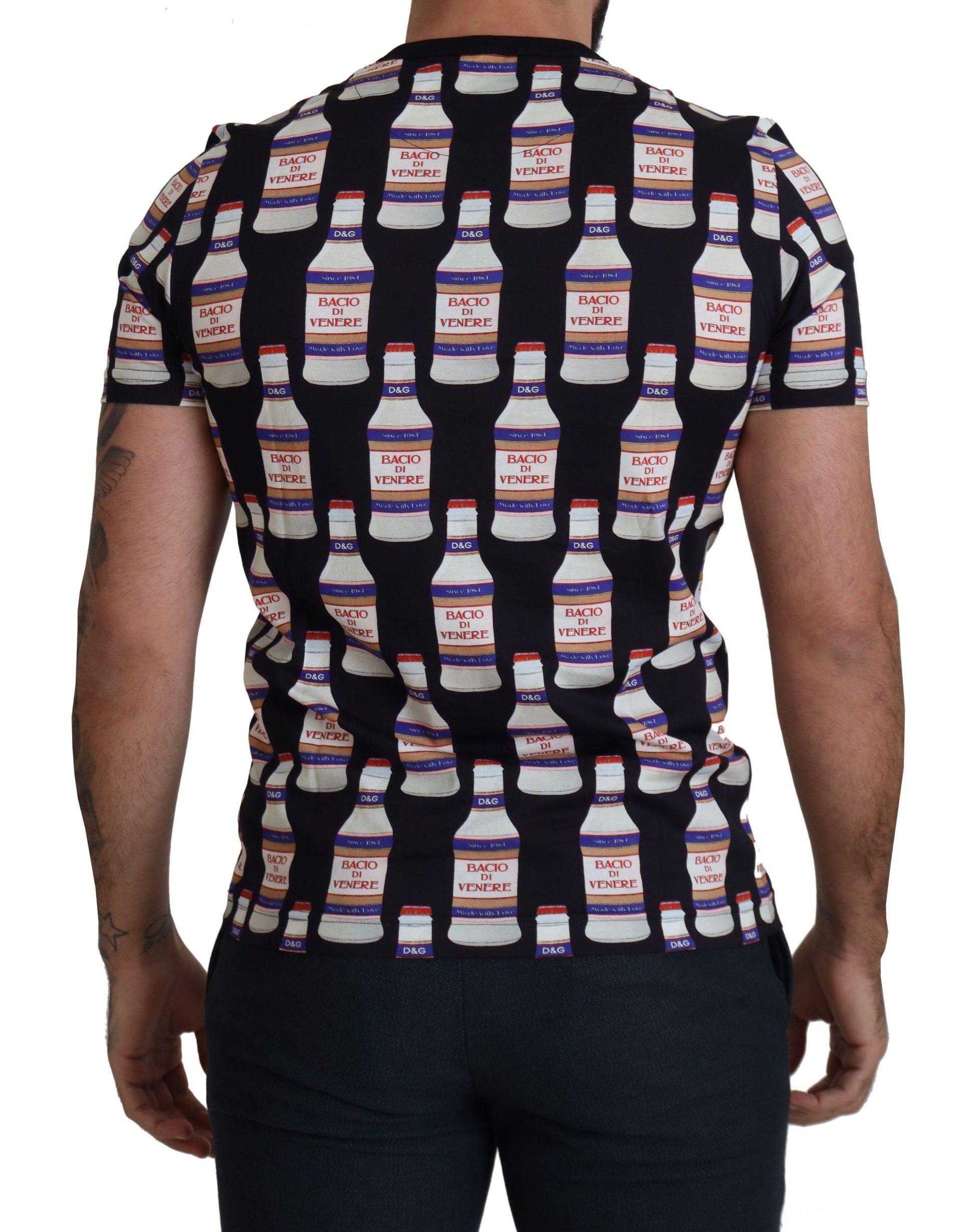 Black t-shirt with pattern of milk bottles