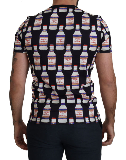 Black t-shirt with pattern of milk bottles