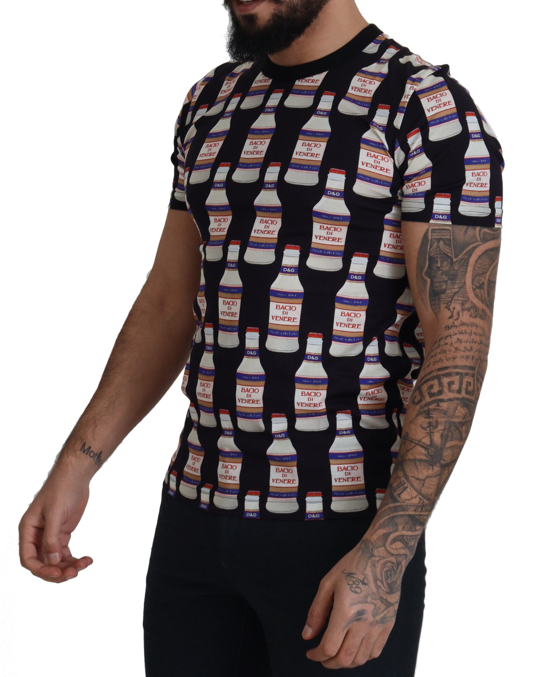 Man wearing a t-shirt with multiple bottles on it