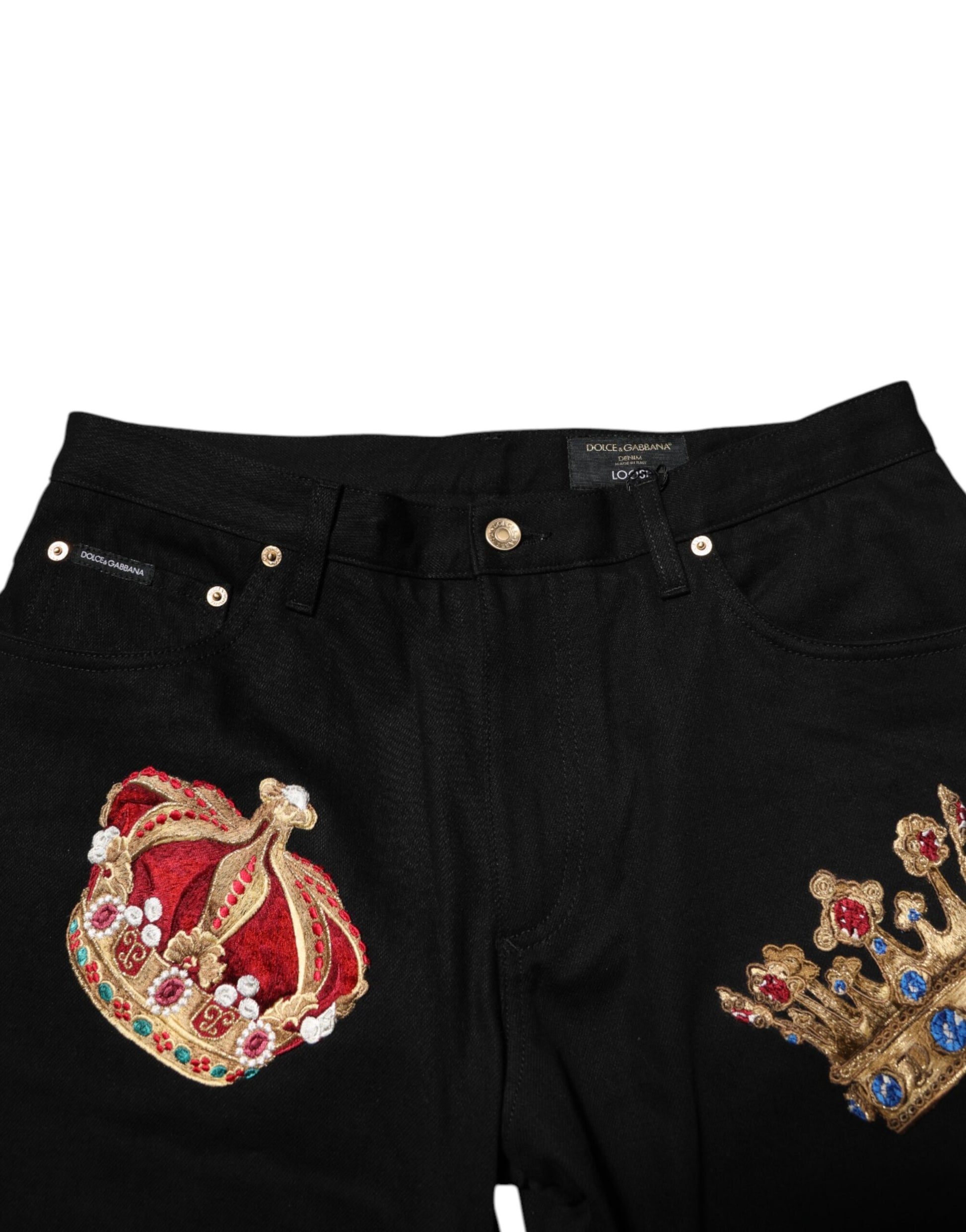Black men's dress trousers with gold crown embroidery on the left leg