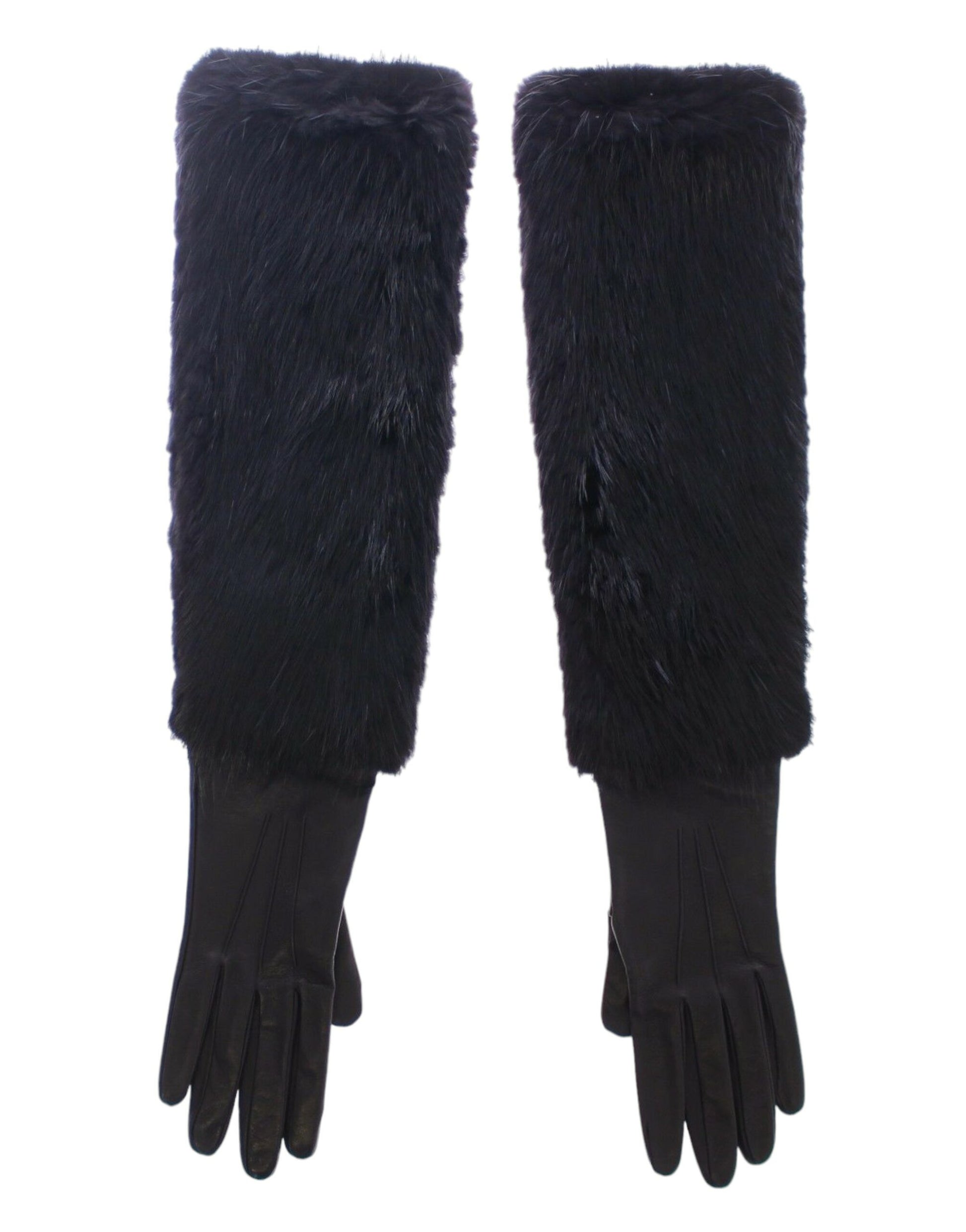 Pair of black leather gloves with fur trim