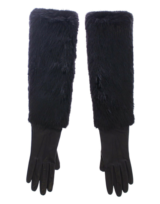 Pair of black leather gloves with fur trim