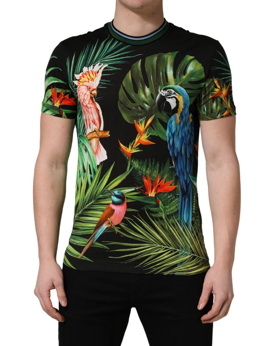 The shirt features a tropical print with parrots and palm trees