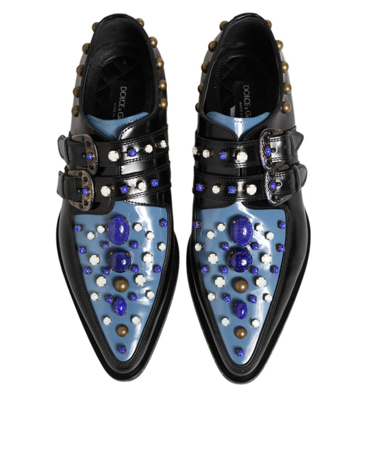 Pair of black blue embellished monkstrap dress shoes with gold accents