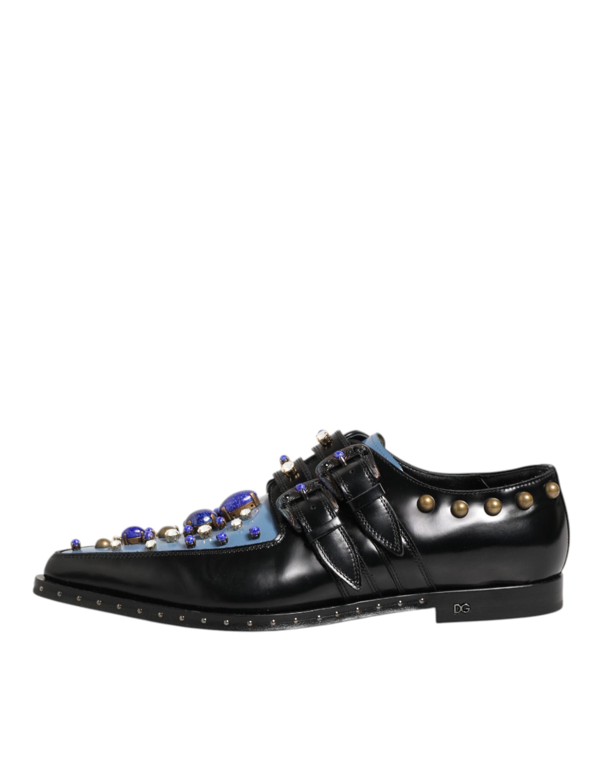 A pair of black dress shoes with blue embellishments and gold buckles
