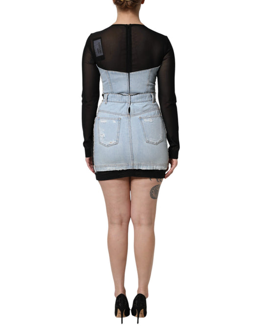 A black denim mini dress with long sleeves and a high waist, featuring a lace-up back detail