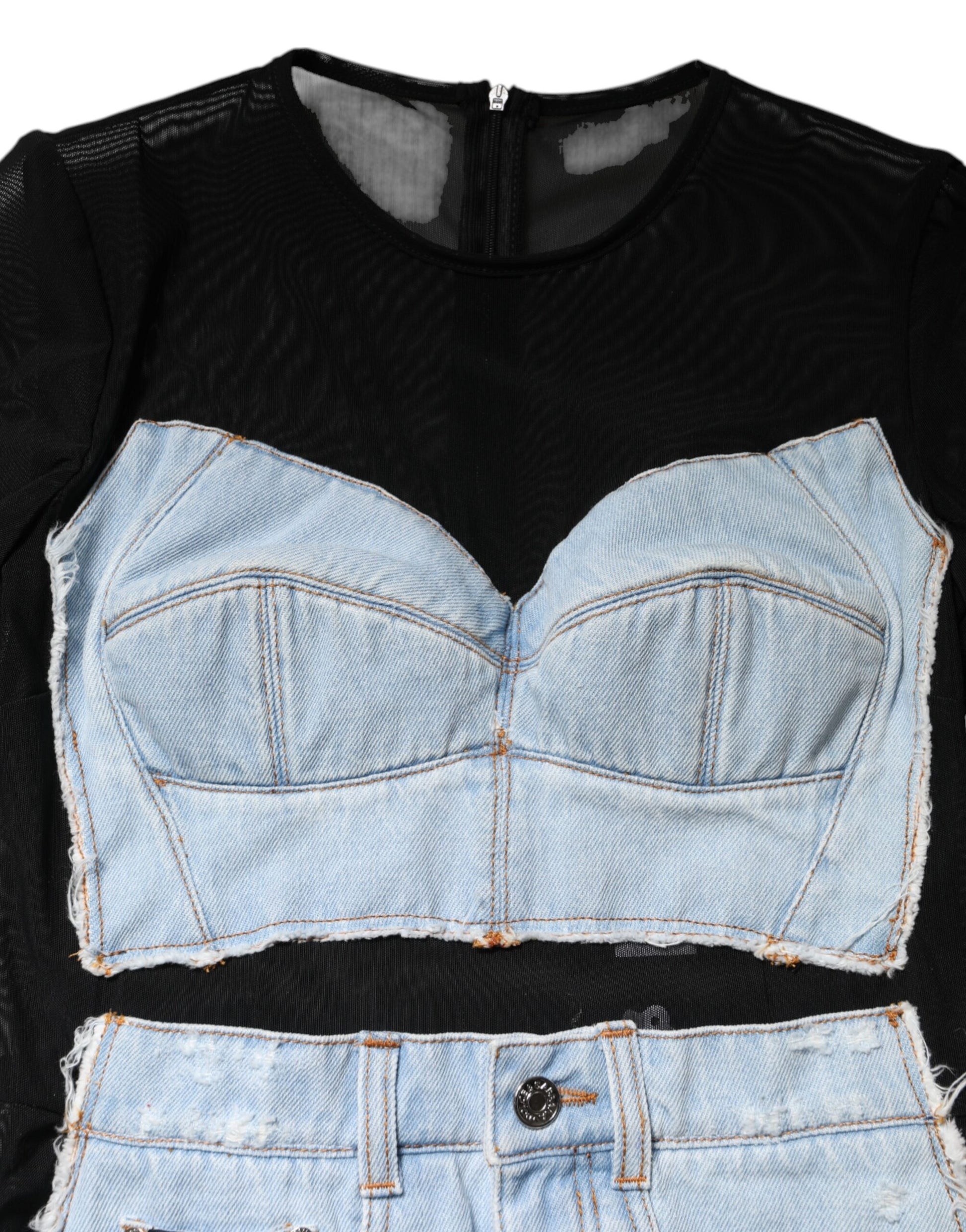 A black and blue denim dress with a cropped top and long sleeves
