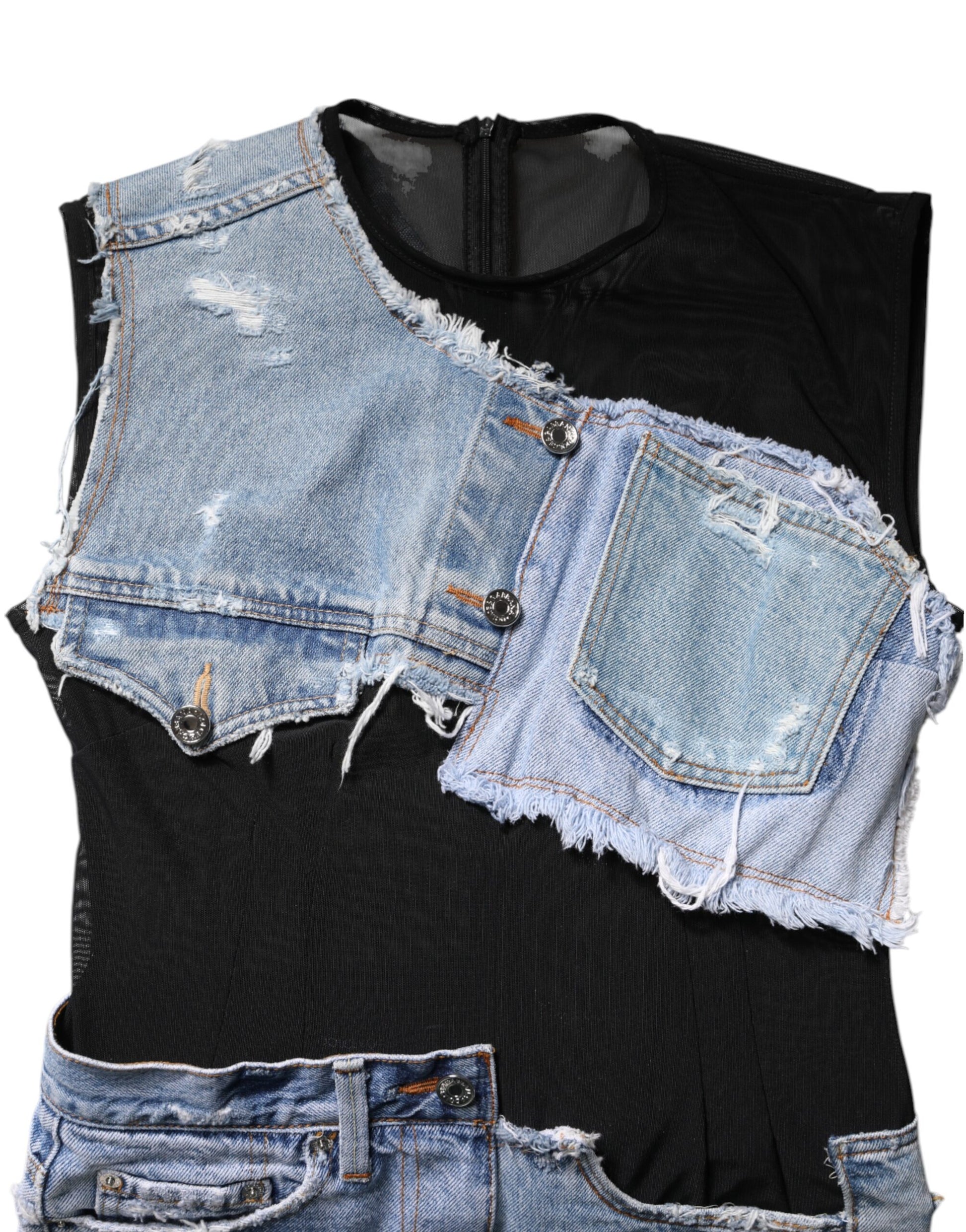 A black sleeveless denim mini dress with blue jeans pieces and rips