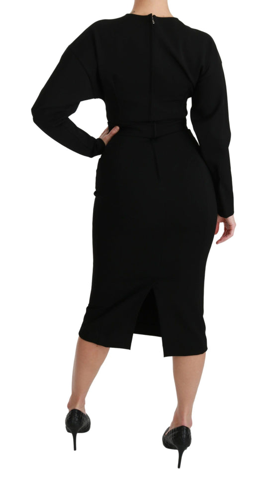 A black body-hugging midi dress with stretch and a sheath silhouette