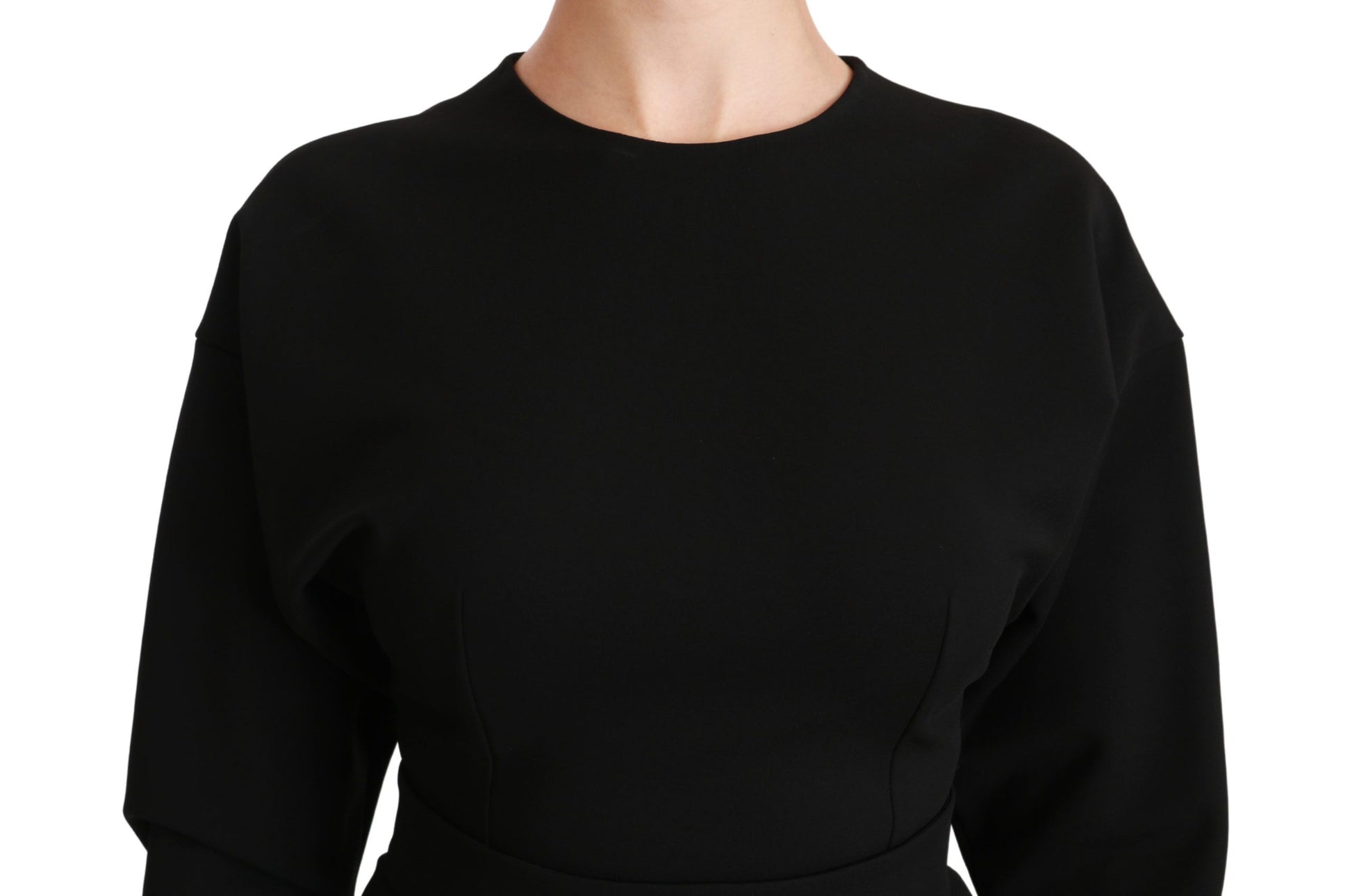 A black bodycon sheath midi stretch dress with a V-neckline and short sleeves