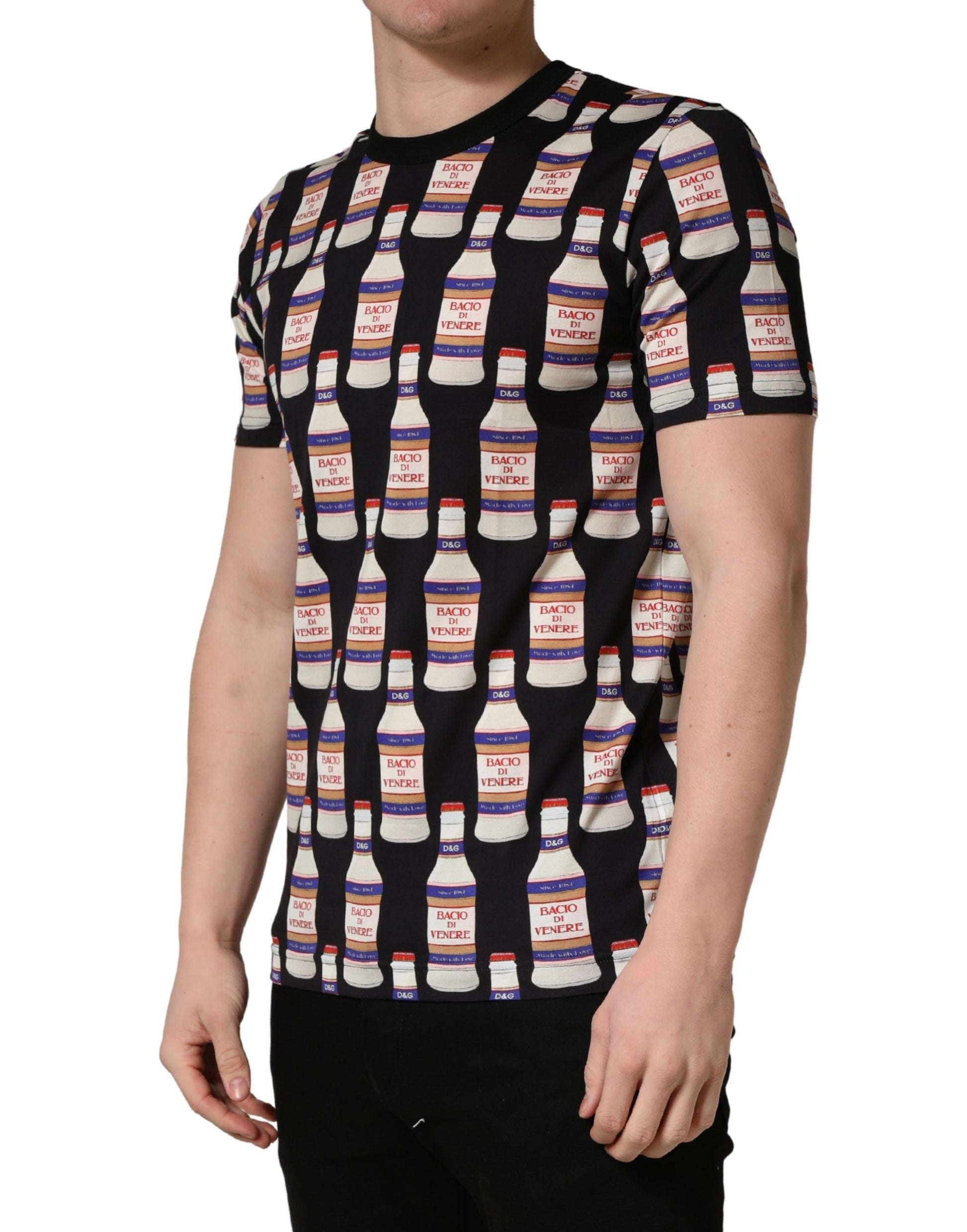 Black t-shirt with white bottles pattern