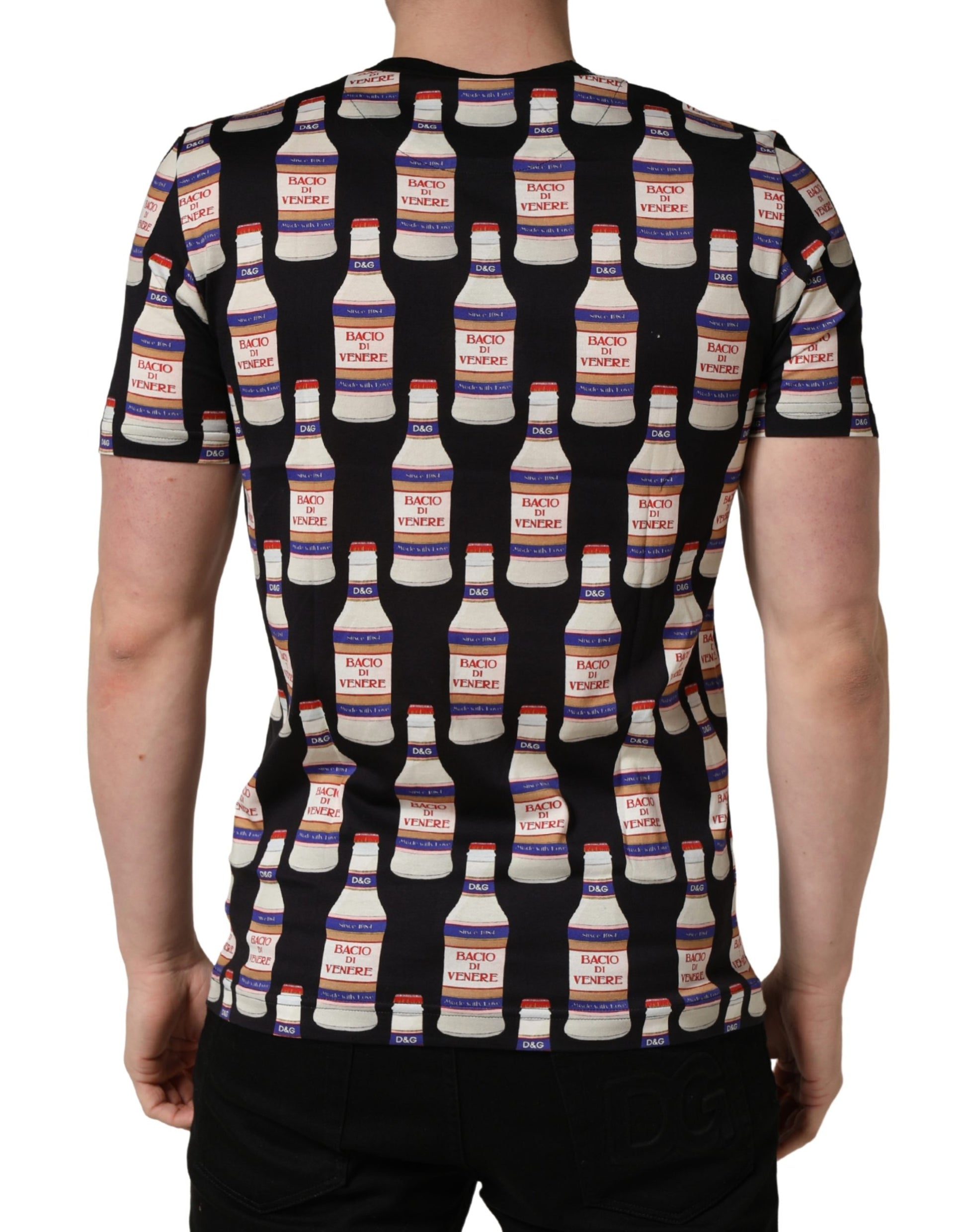 Black t-shirt with white bottles pattern
