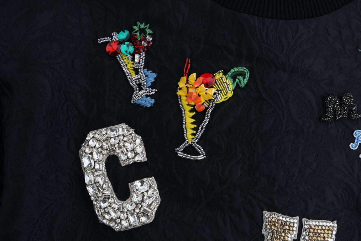 Black sweater with embroidered cocktails and letter "C"