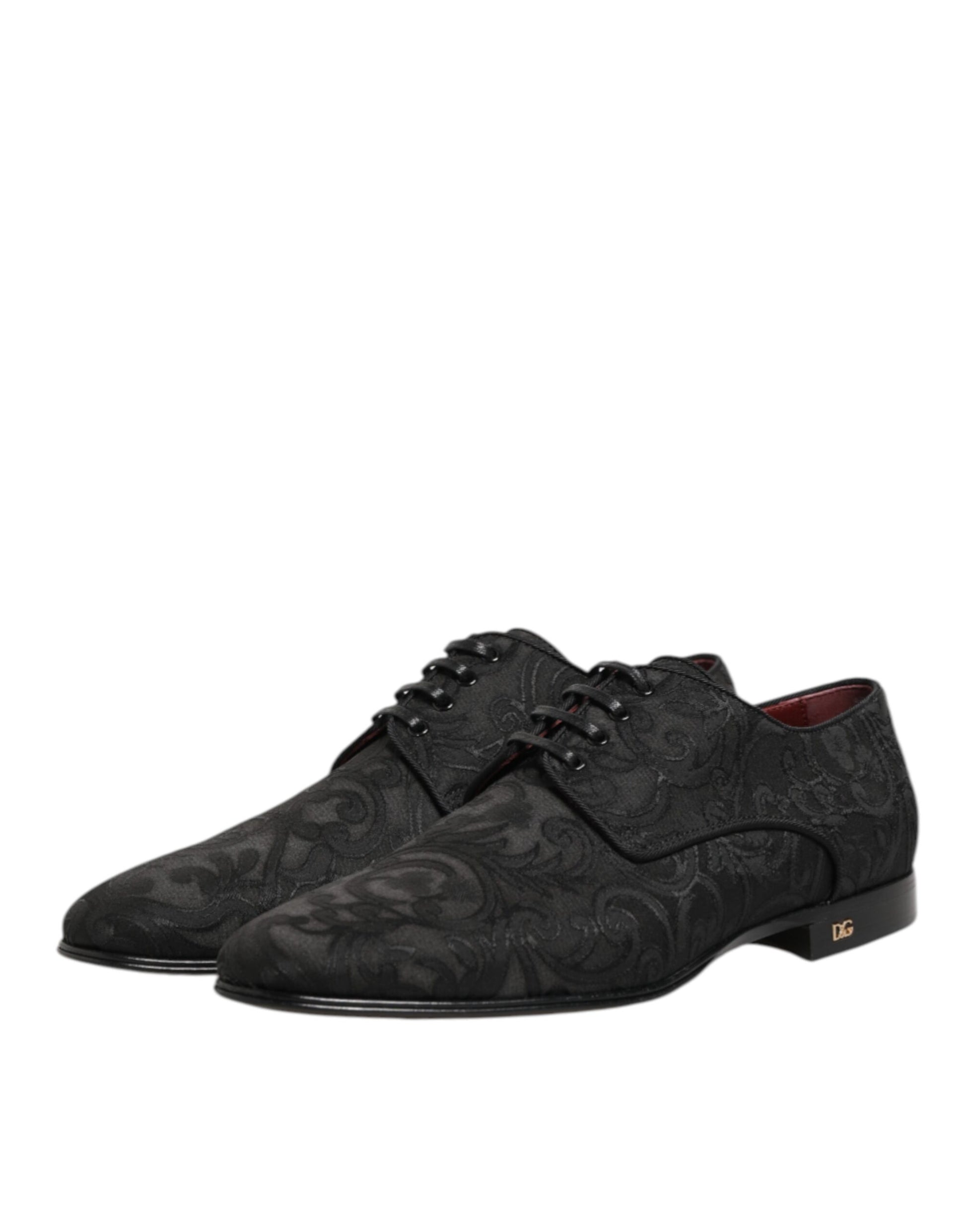 Pair of black brocade lace-up derby shoes with red accents, designed by Dolce & Gabbana
