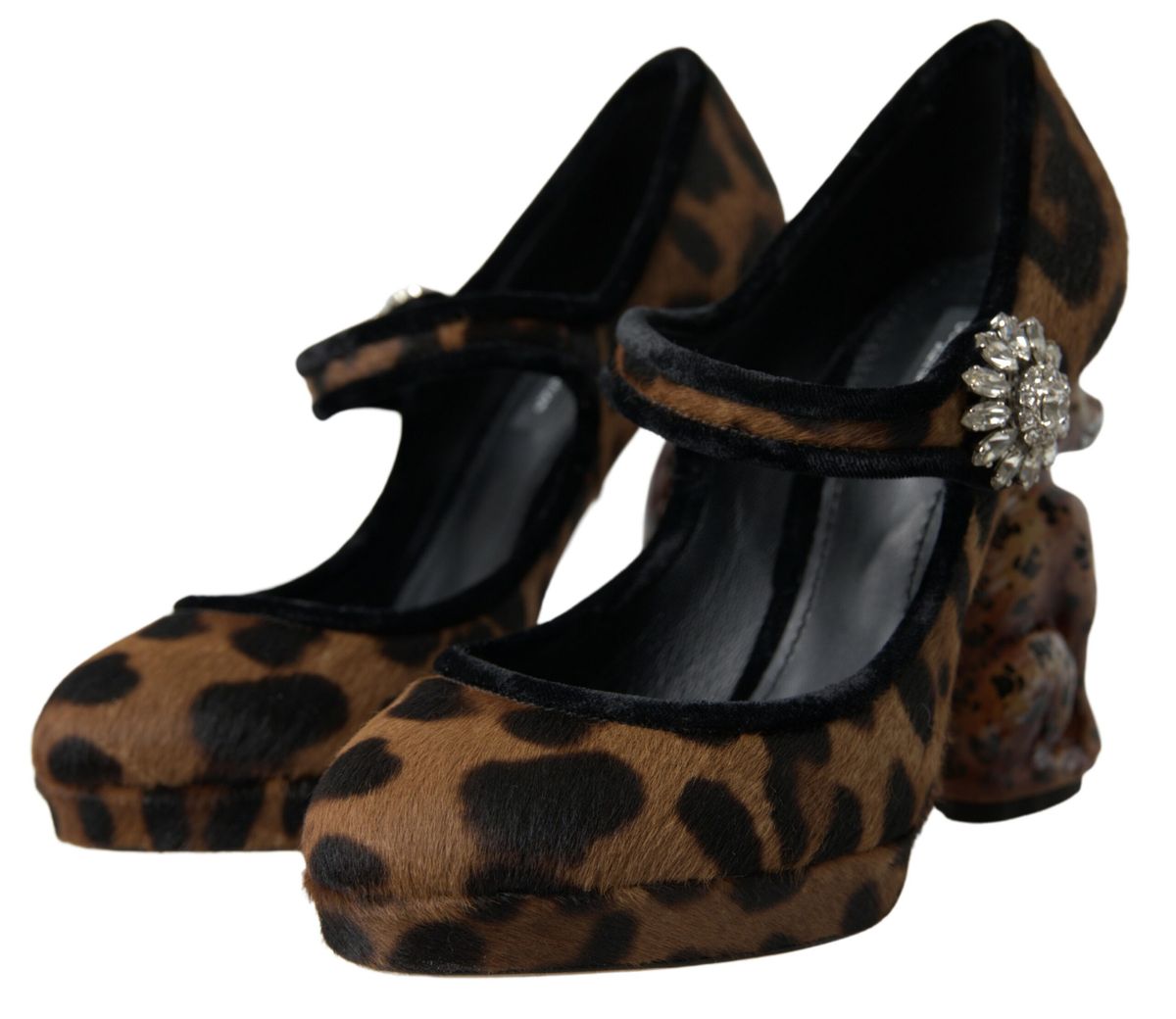 Pair of women's shoes with animal print and rhinestone accents