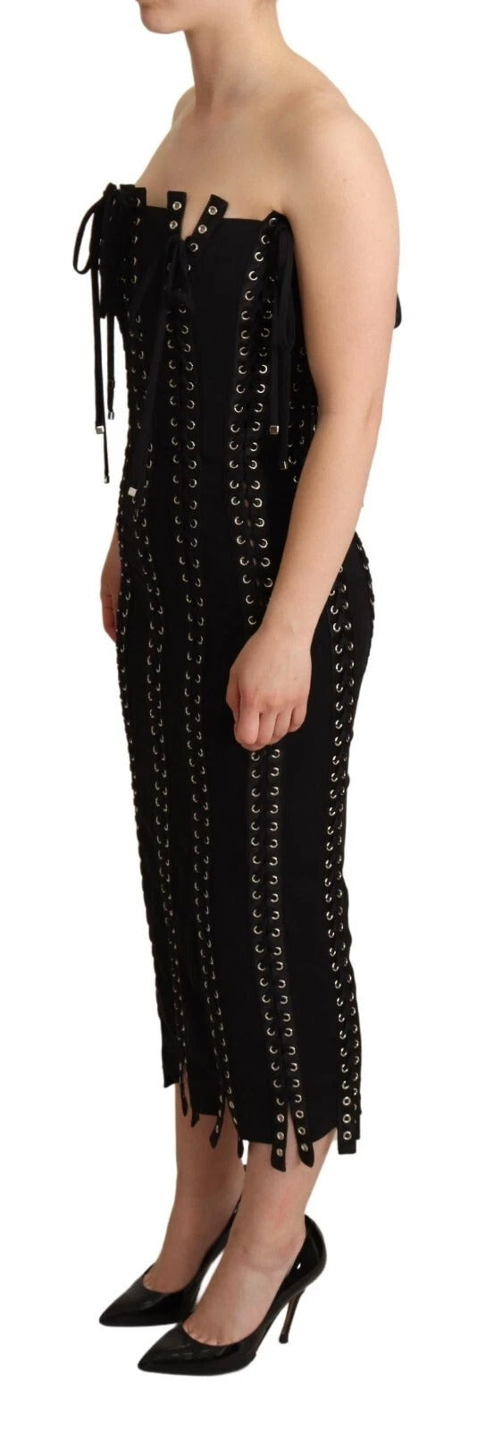 A black cady sleeveless lace up bodycon dress from Dolce & Gabbana